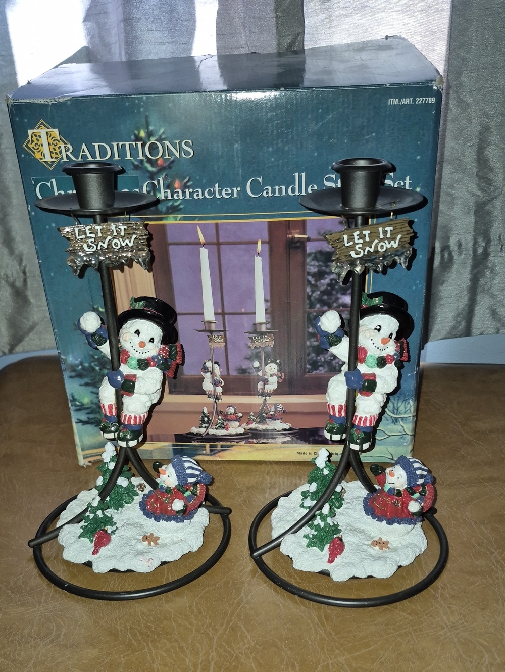 Vintage TRADITIONS 'Let It Snow' Snowman Pewter Candle Holders - White/Red/Green